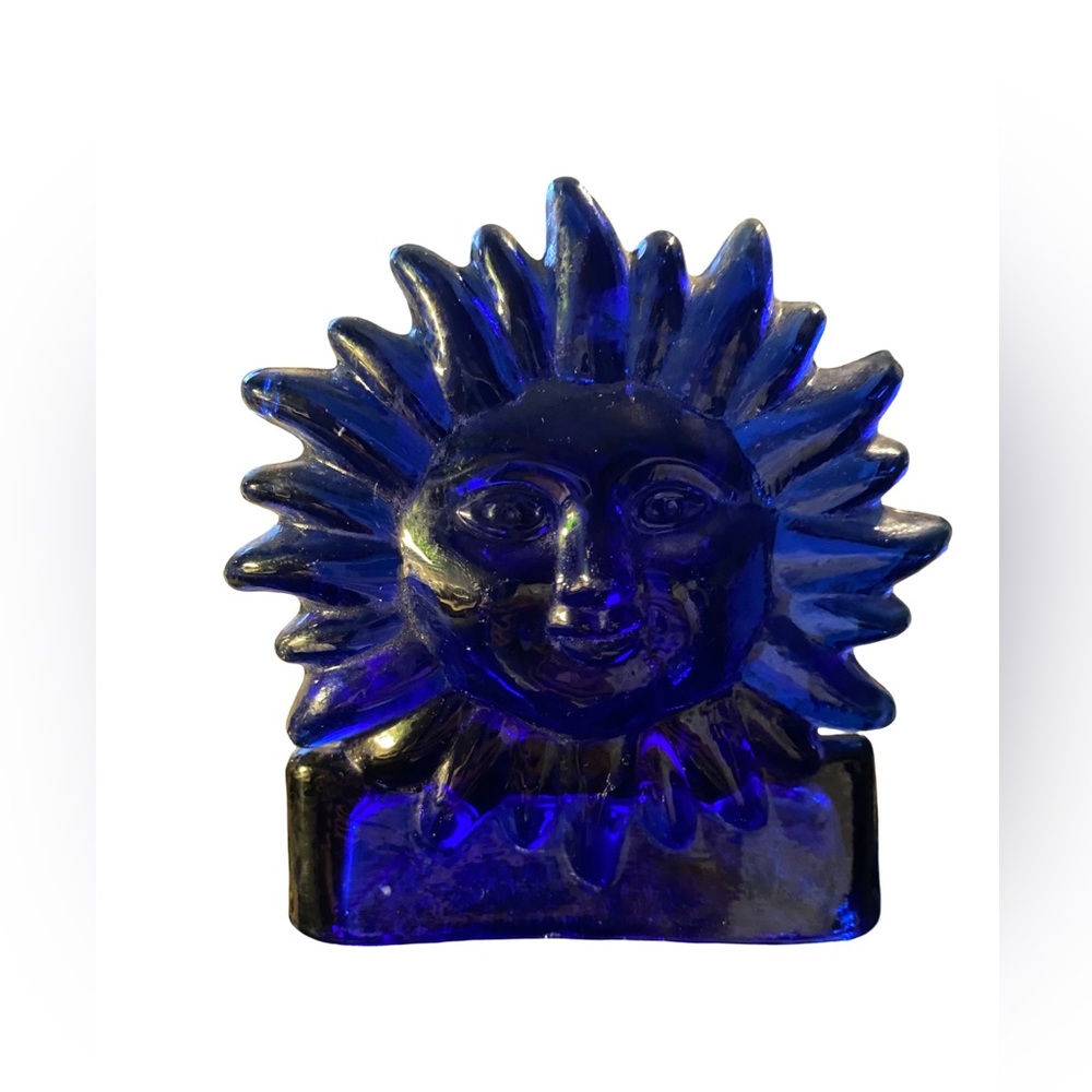 Vintage 1990s Cobalt Blue Glass Sun Celestial Tea Light Votive Candle Holder